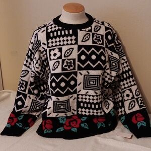 Vintage 1990s embroidered Liz Baker Sports sweater black and white 1X